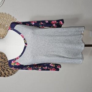 Brenda's Navy Blue Pink Floral Sleeve Gray Tee Womens L Coquette Girly Feminine